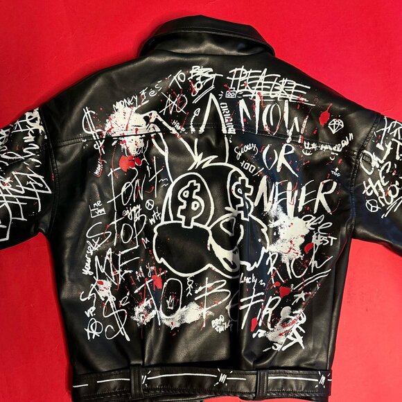 Graffiti Print Faux Leather Jacket – Punk Style Black Moto, Size M, Unique - Picture 7 of 11